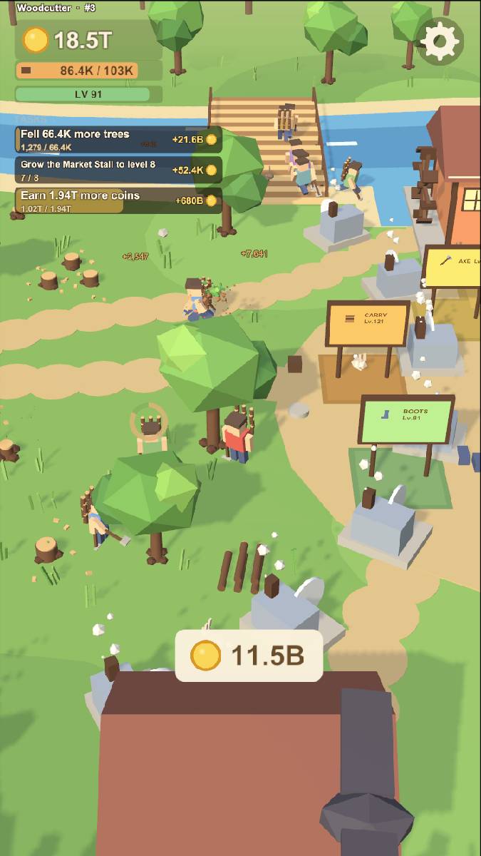 Bob Wood Idle in play: a forest of low-poly trees with hired lumberjacks chopping, CARRY and BOOTS upgrade boards standing in the grass, a task list reading "Grow the Market Stall to level 8", and a coin counter showing 18.5T.